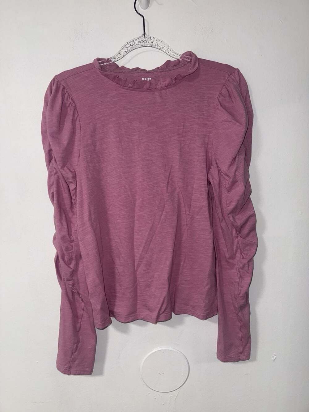 Maeve by Anthropologie Mauve Pink Ruched Long-Sleeve Ruffle-Neck Top